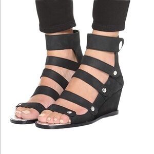 Opening Ceremony Olivia  Black Wedge Leather Suede Strappy Snap Button Sandals 9